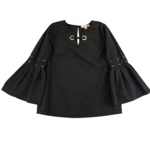 Michael Kors-long-sleeve blouse w/gold-tone rings on neck & on bell sleeves